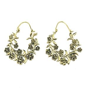 GOLD Color Brass Floral Hoop Earrings Boho Chic